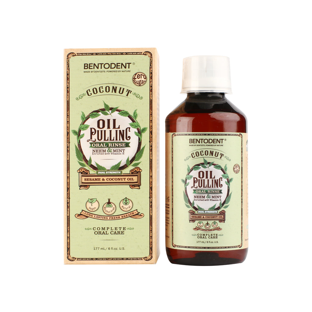 Bentodent Coconut Oil Pulling, Powerful Neem & Mint, Dual Strength of Sesame & Coconut Oil, Oil Pulling rinse for teeth & gums, Zero Sugar & No Alcohol mouthwash for Fresh Breath & Whitening,6 fl. oz.
