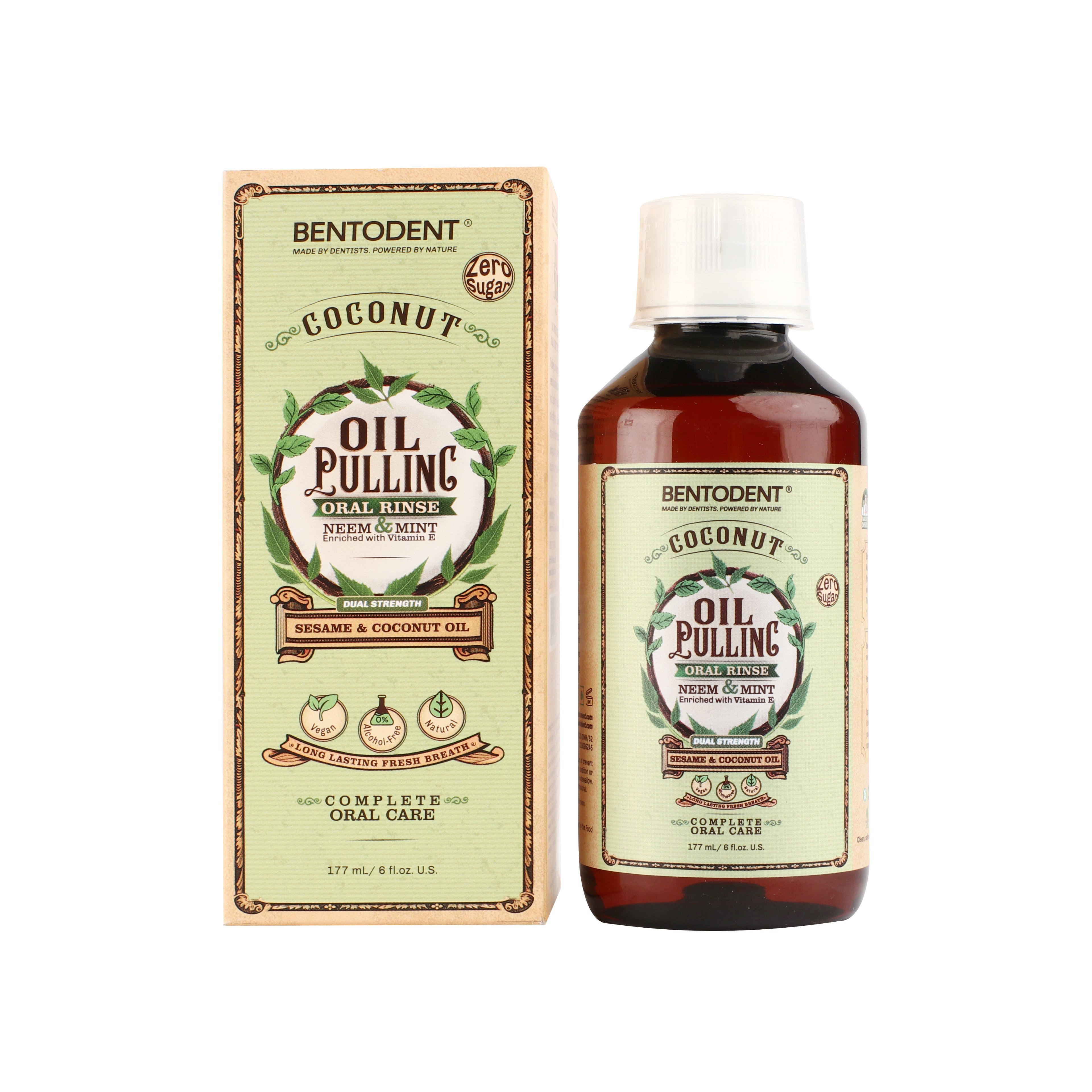 Bentodent Coconut Oil Pulling, Powerful Neem & Mint, Dual Strength of Sesame & Coconut Oil, Oil Pulling rinse for teeth & gums, Zero Sugar & No Alcohol mouthwash for Fresh Breath & Whitening,6 fl. oz.