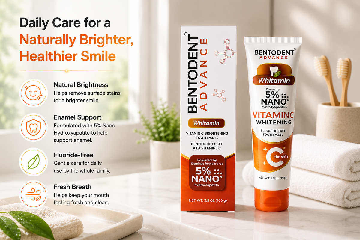 BENTODENT® Whitamin Toothpaste – Vitamin C + 5% Nano Hydroxyapatite, Reimagined.