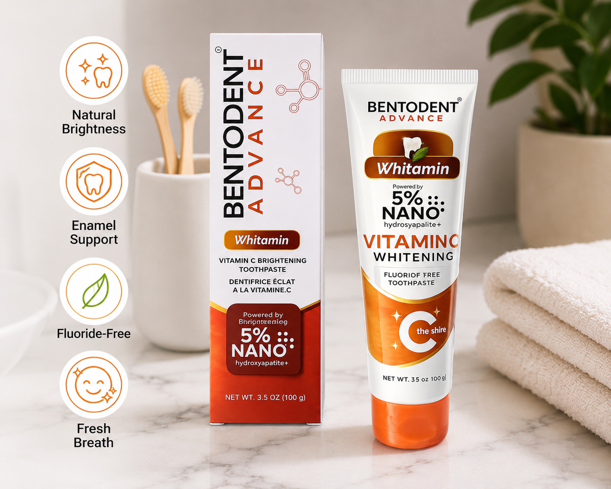 BENTODENT® Whitamin Toothpaste – Vitamin C + 5% Nano Hydroxyapatite, Reimagined.