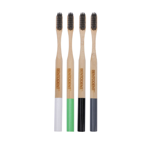 Bentodent Charcoal Bamboo Toothbrush Round Bottom Teeth Whitening Soft (Pack of 4)